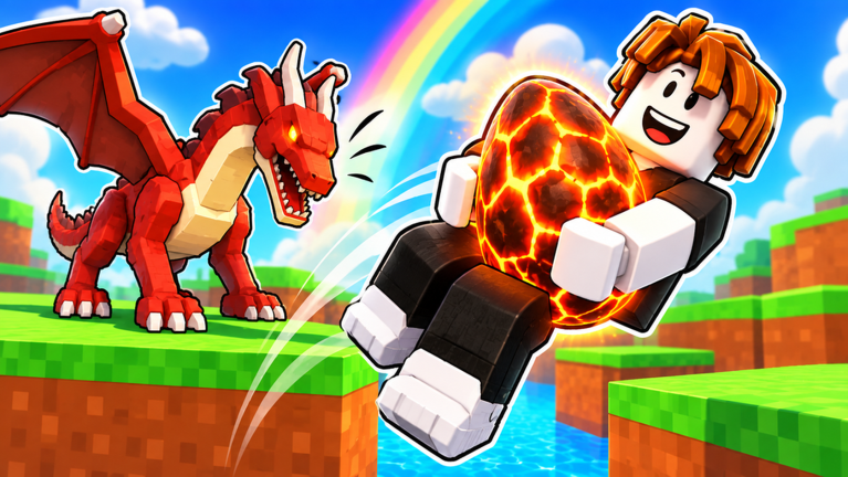 A Roblox character hugging a cracked lava egg while a red dragon guardian chases from a grassy block under a rainbow.