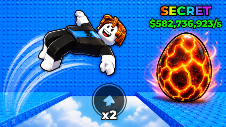 A player mid-backflip over a gap between blue platform blocks, with the on-screen jump control visible and a glowing lava-cracked egg ahead.